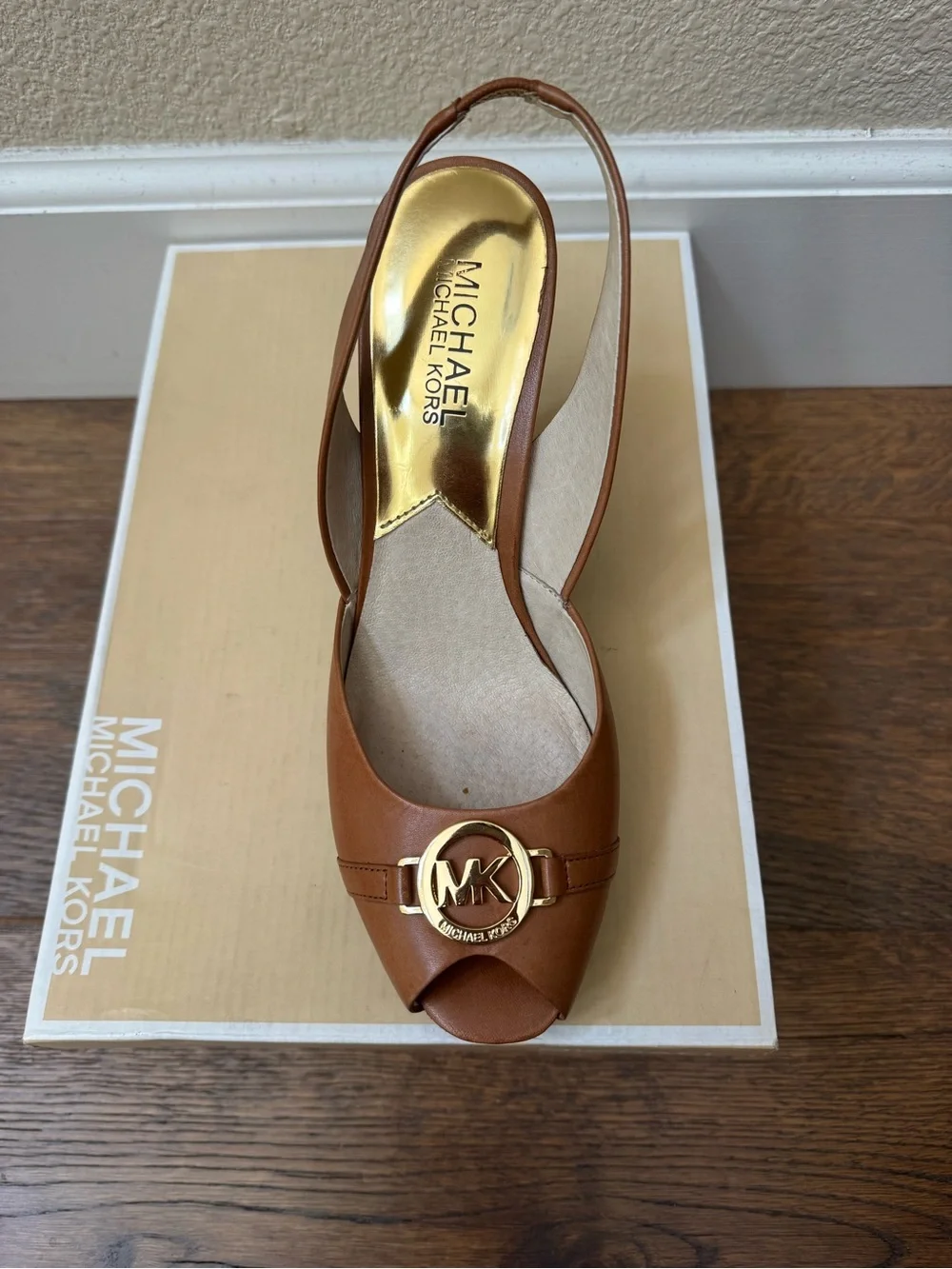 Michael Kors Rochelle Peep-Toe Wedges Size 7.5M Color Luggage (Carmel Brown).